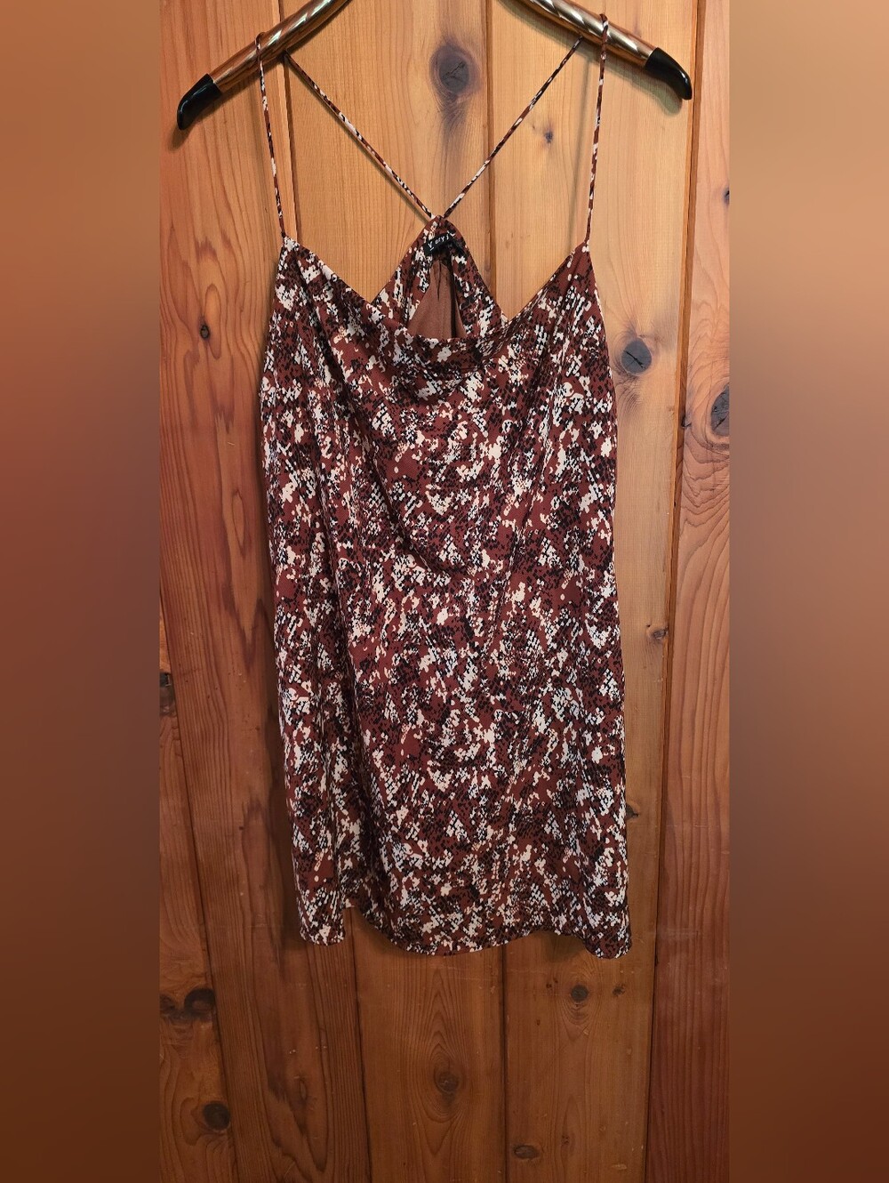 Very J rust-colored slip dress featuring a snake-inspired animal print and a dr